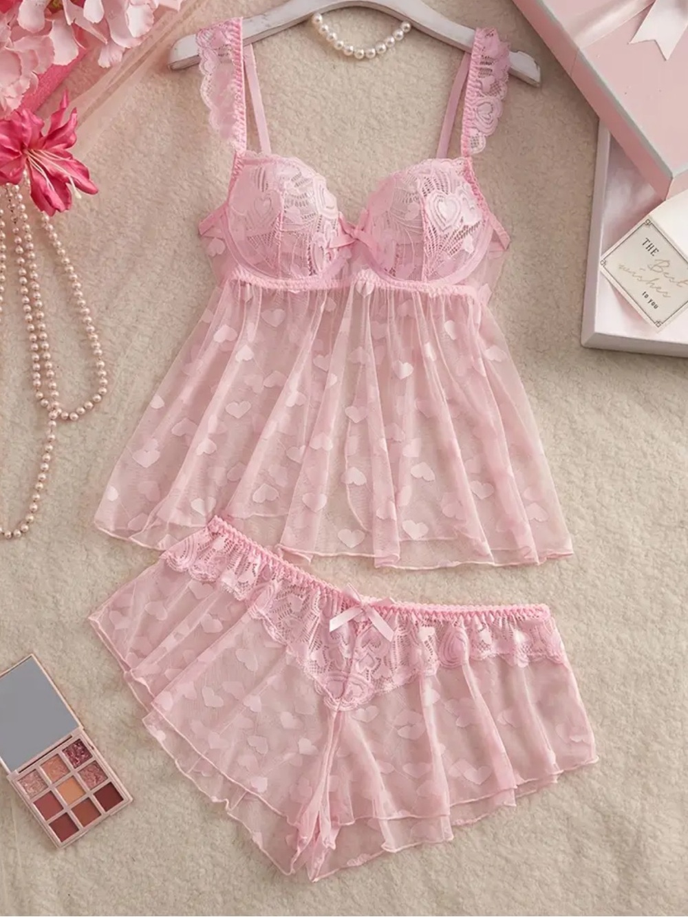Delicate Pink, Sheer, Lace, Babydoll, Lingerie Set